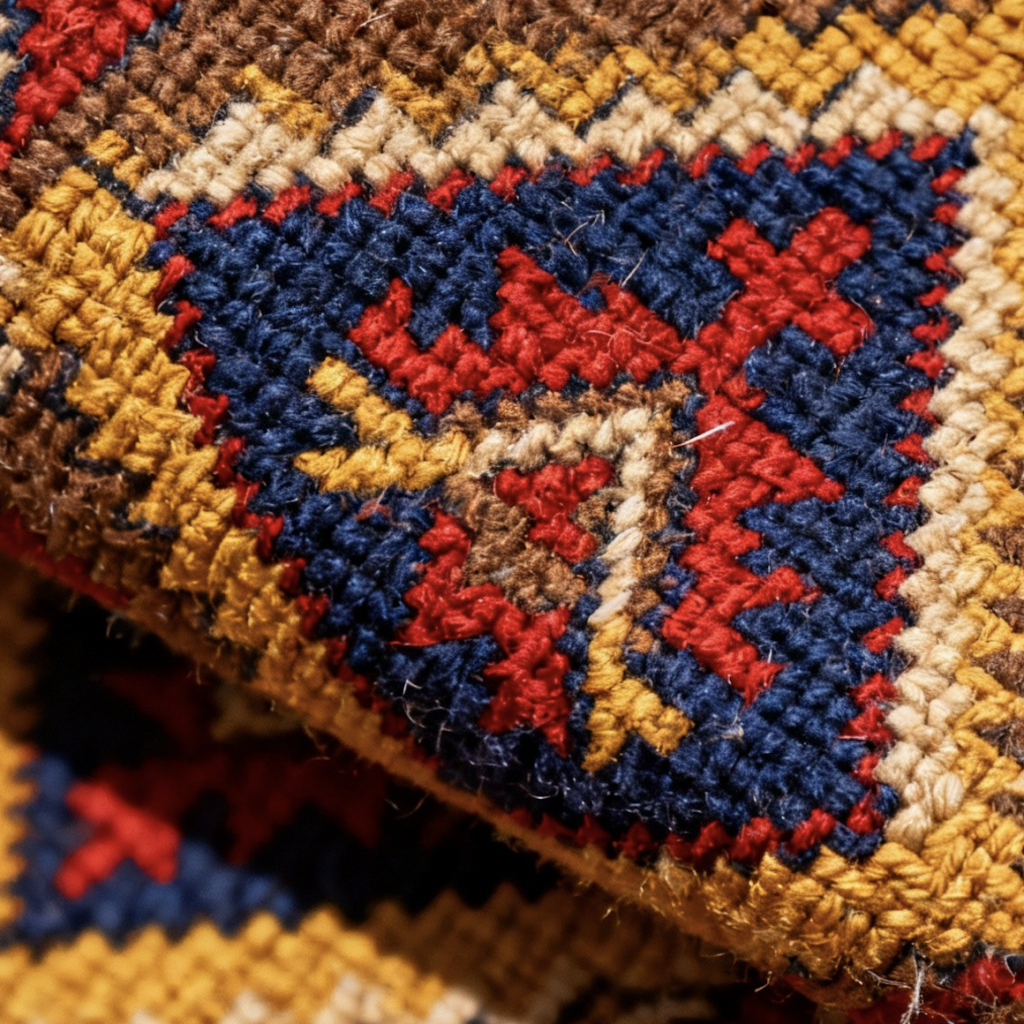 Logo image showing a folded woven rug, made with vibrant yellow, red, and blue, and accentuated with brown